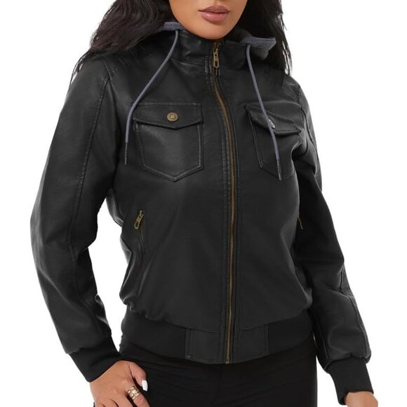 Women's Black Faux Leather Waterproof Motorcycle Bomber Jacket Vintage Jacket